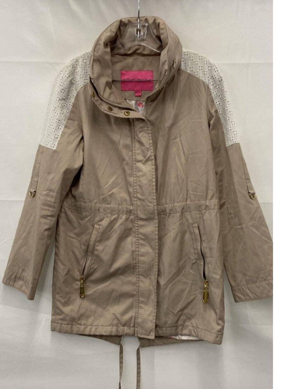 Betsey Johnson Eyelet Shoulder Utility Jacket Parka Khaki Pink Small Read Flaw